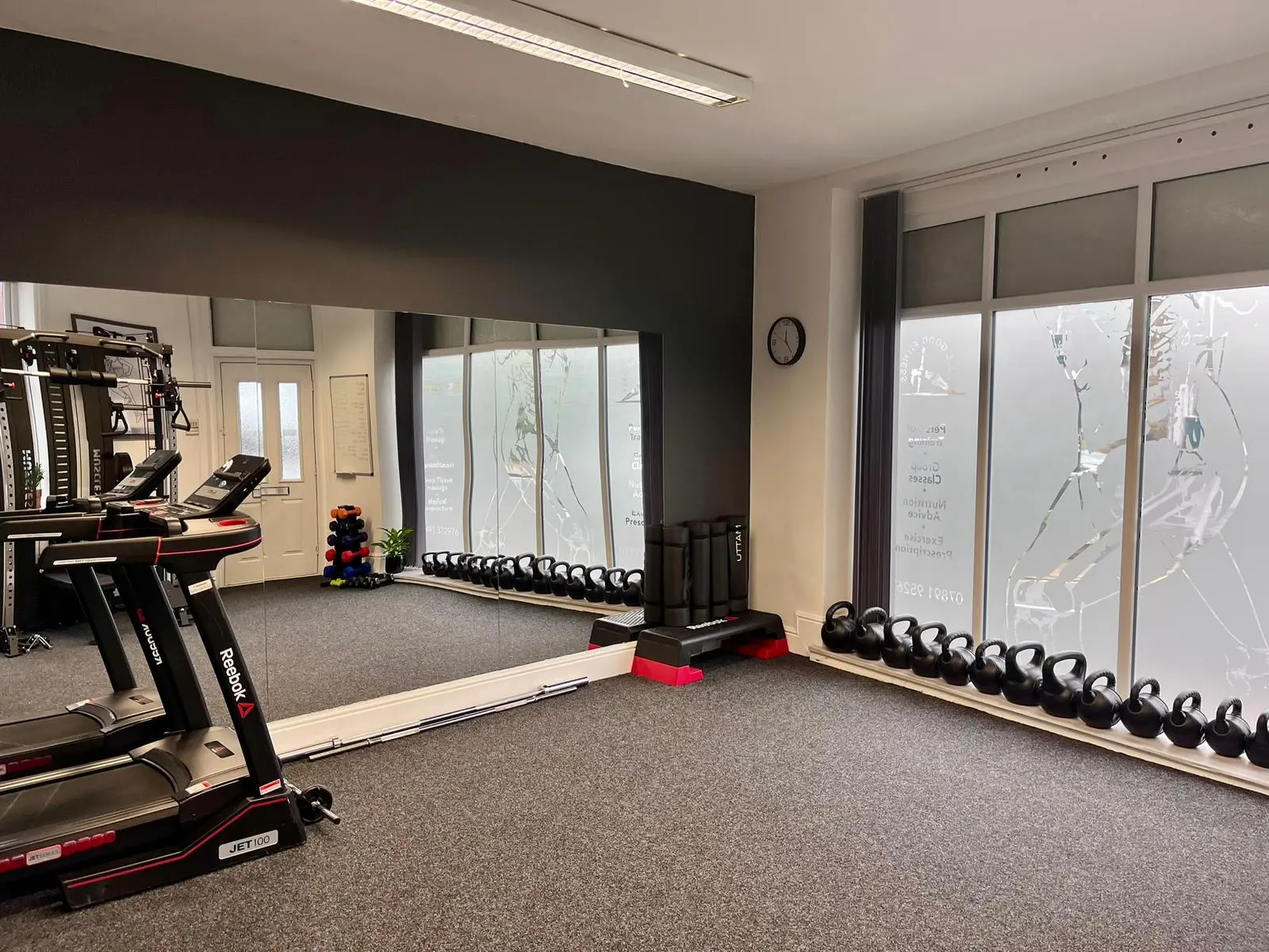 Clean, modern private fitness studio featuring a Reebok treadmill and kettlebells